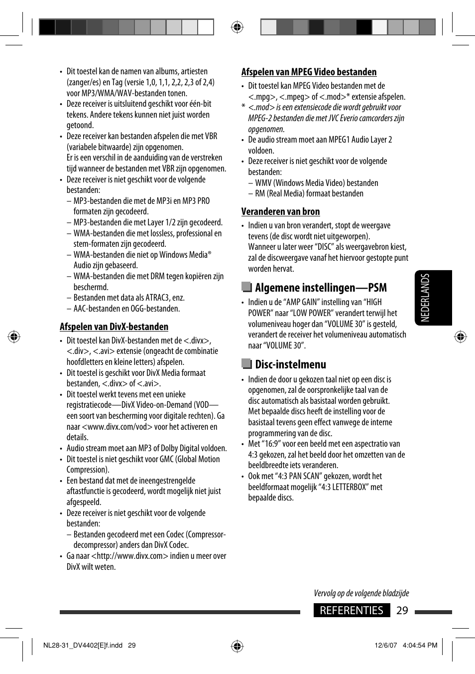 Algemene instellingen—psm, Disc-instelmenu, 29 referenties nederlands | JVC KD-DV4402 User Manual | Page 137 / 147