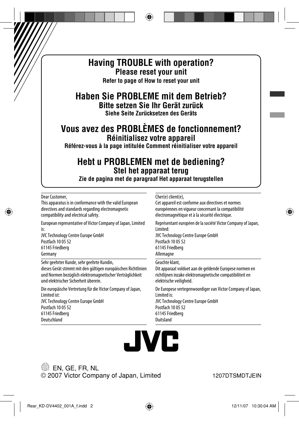 Having trouble with operation, Haben sie probleme mit dem betrieb, Vous avez des problèmes de fonctionnement | Hebt u problemen met de bediening, Please reset your unit, Bitte setzen sie ihr gerät zurück, Réinitialisez votre appareil, Stel het apparaat terug | JVC KD-DV4402 User Manual | Page 146 / 147