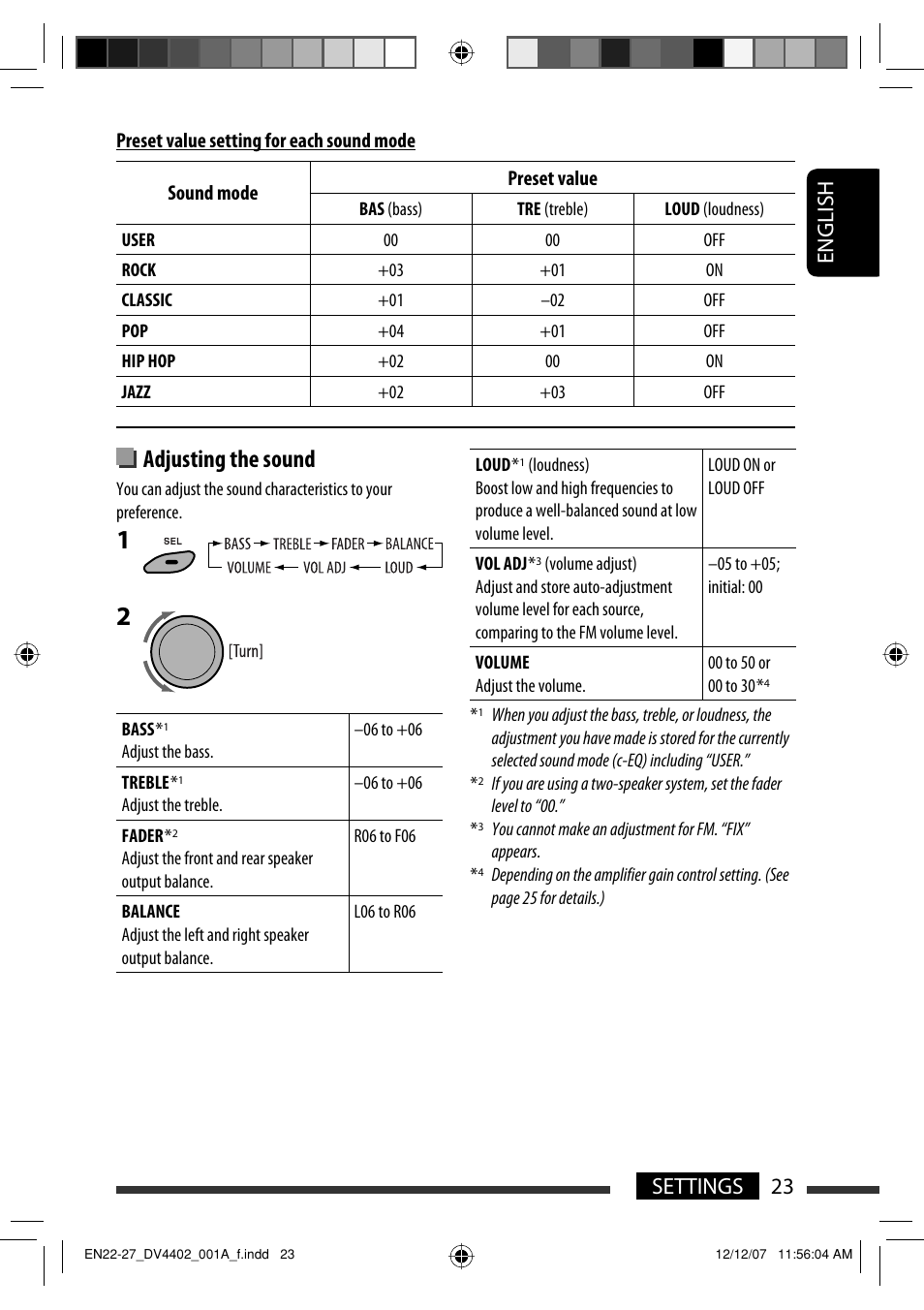 Adjusting the sound, English 23 settings | JVC KD-DV4402 User Manual | Page 23 / 147