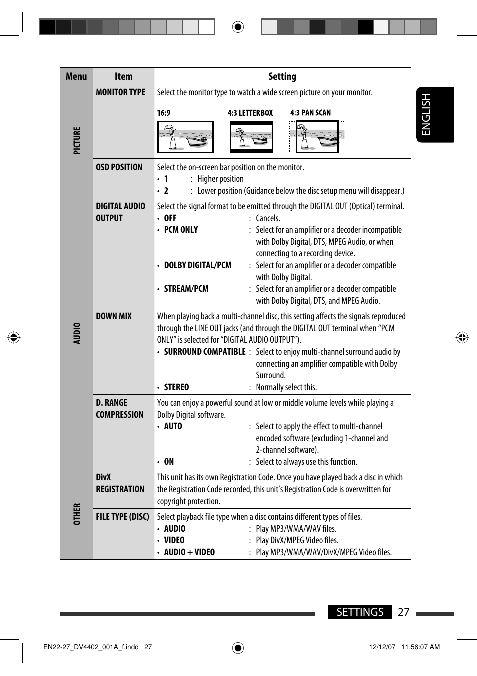 English 27 settings | JVC KD-DV4402 User Manual | Page 27 / 147
