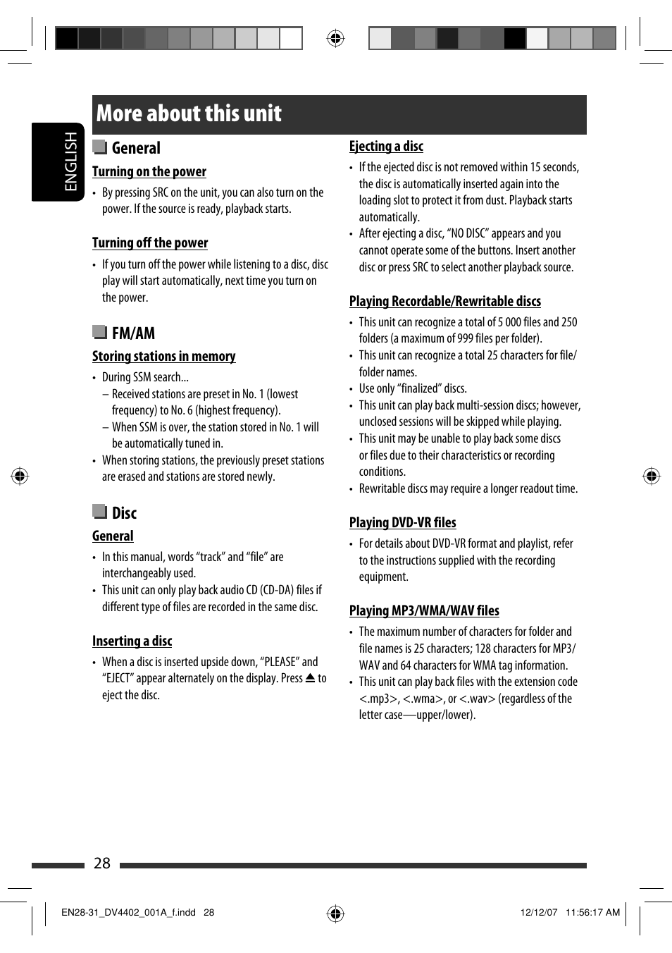 More about this unit, General, Fm/am | Disc | JVC KD-DV4402 User Manual | Page 28 / 147