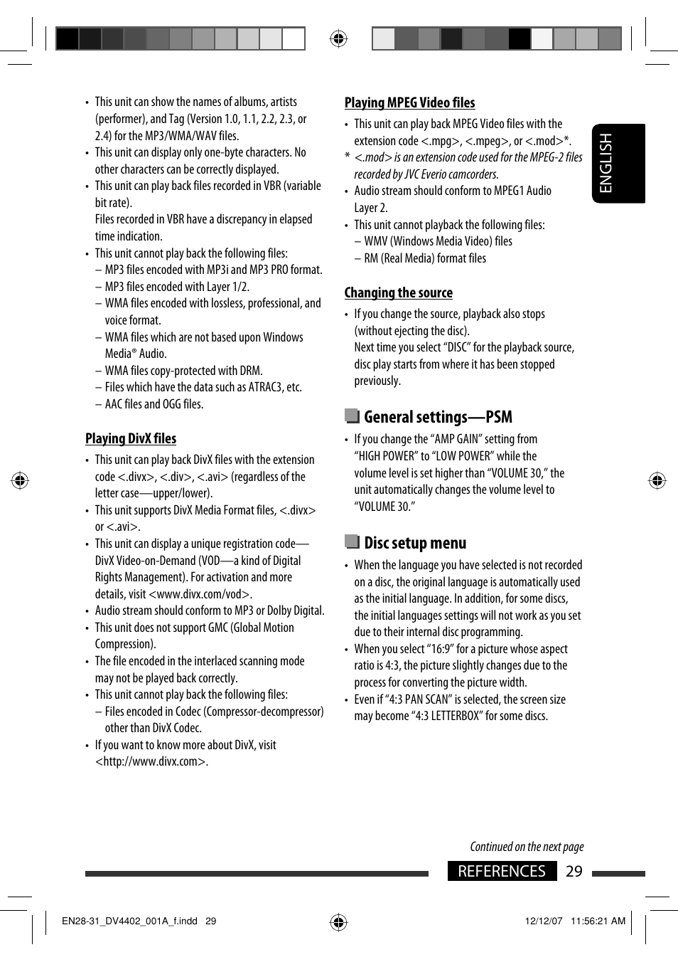 General settings—psm, Disc setup menu, English 29 references | JVC KD-DV4402 User Manual | Page 29 / 147