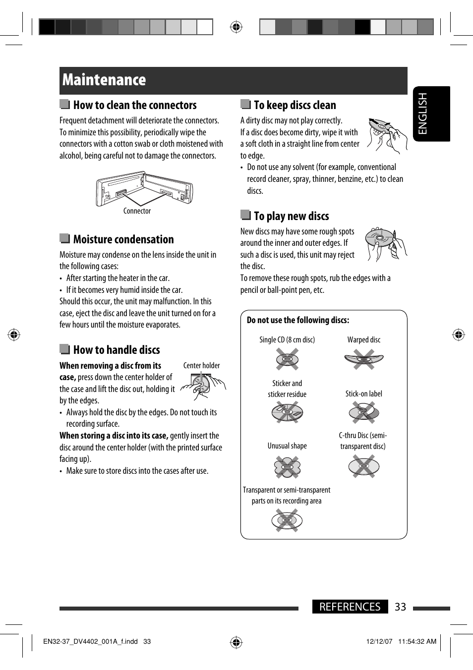 Maintenance, How to clean the connectors, Moisture condensation | How to handle discs, English 33 references | JVC KD-DV4402 User Manual | Page 33 / 147