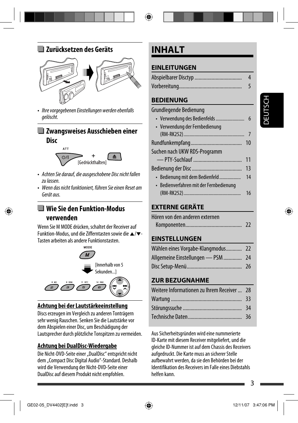 Inhalt, Zurücksetzen des geräts, Zwangsweises ausschieben einer disc | Wie sie den funktion-modus verwenden | JVC KD-DV4402 User Manual | Page 39 / 147