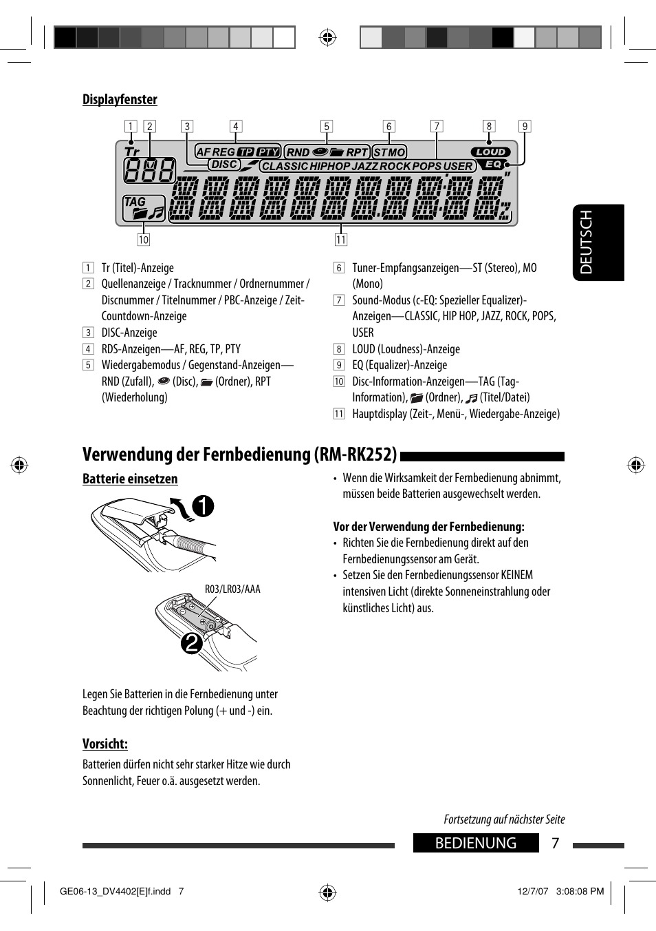 Verwendung der fernbedienung (rm-rk252), 7bedienung deutsch | JVC KD-DV4402 User Manual | Page 43 / 147