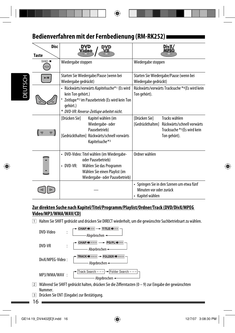 Bedienverfahren mit der fernbedienung (rm-rk252), 16 deutsch | JVC KD-DV4402 User Manual | Page 52 / 147