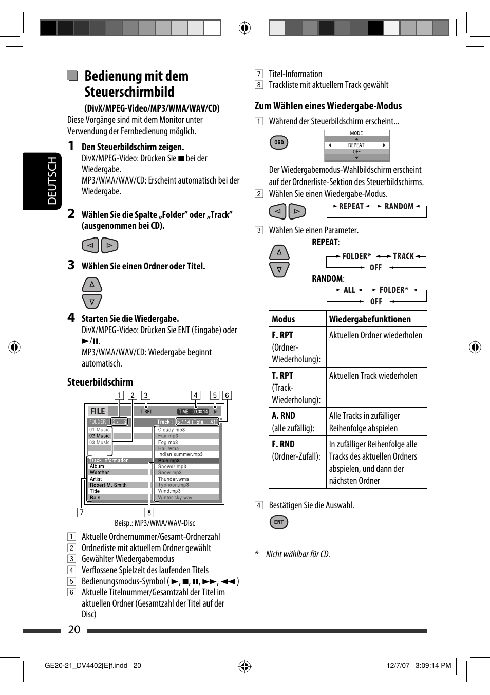 Bedienung mit dem steuerschirmbild, 20 deutsch | JVC KD-DV4402 User Manual | Page 56 / 147