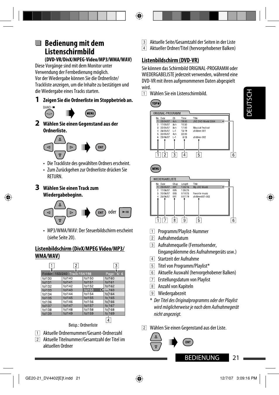 Bedienung mit dem listenschirmbild, 21 bedienung deutsch | JVC KD-DV4402 User Manual | Page 57 / 147
