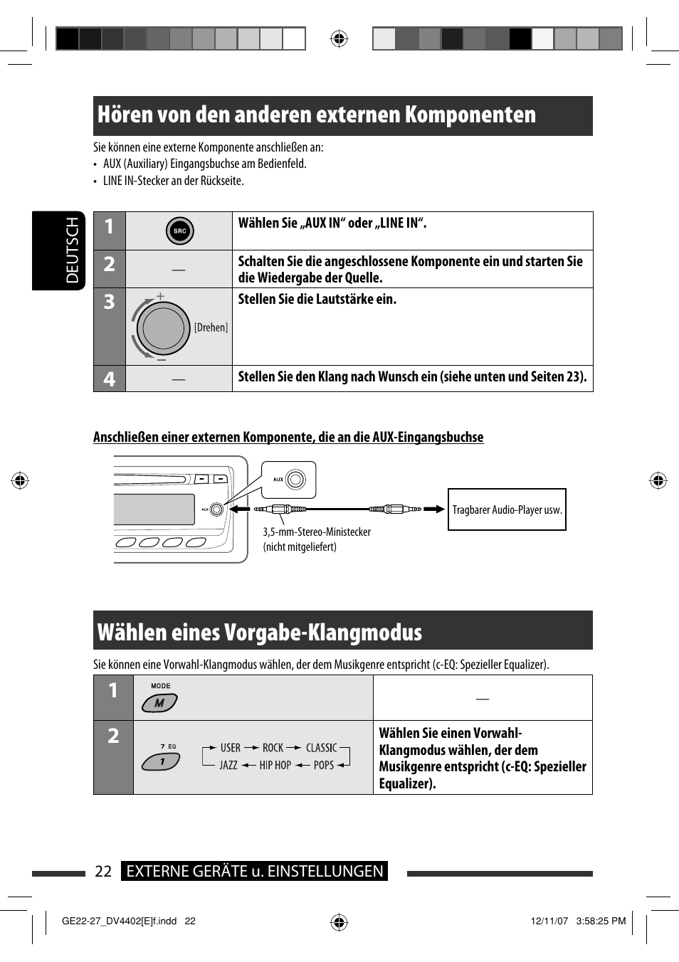 Hören von den anderen externen komponenten, Wählen eines vorgabe-klangmodus | JVC KD-DV4402 User Manual | Page 58 / 147