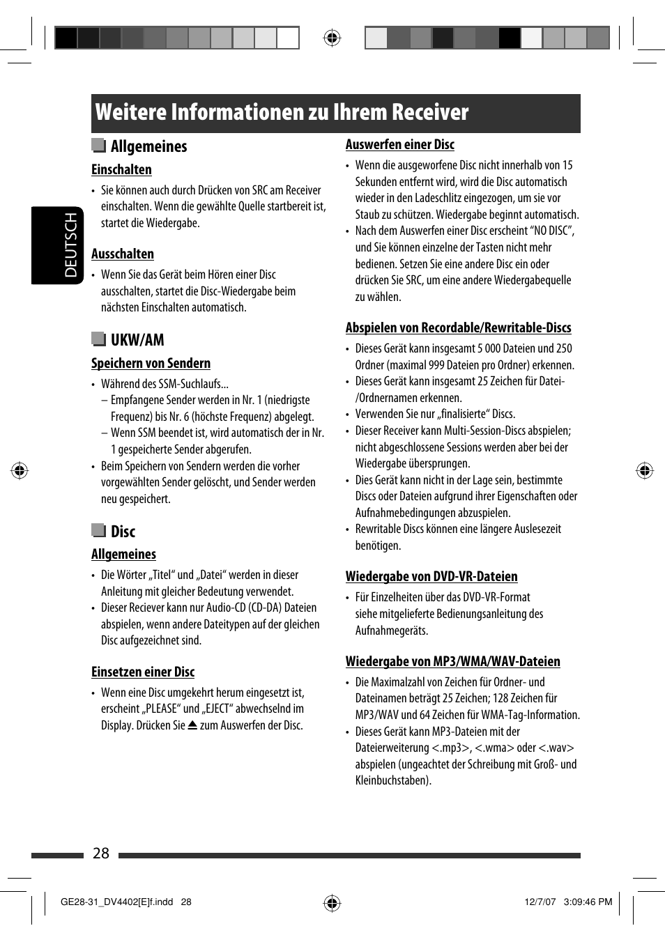 Weitere informationen zu ihrem receiver, Allgemeines, Ukw/am | Disc | JVC KD-DV4402 User Manual | Page 64 / 147