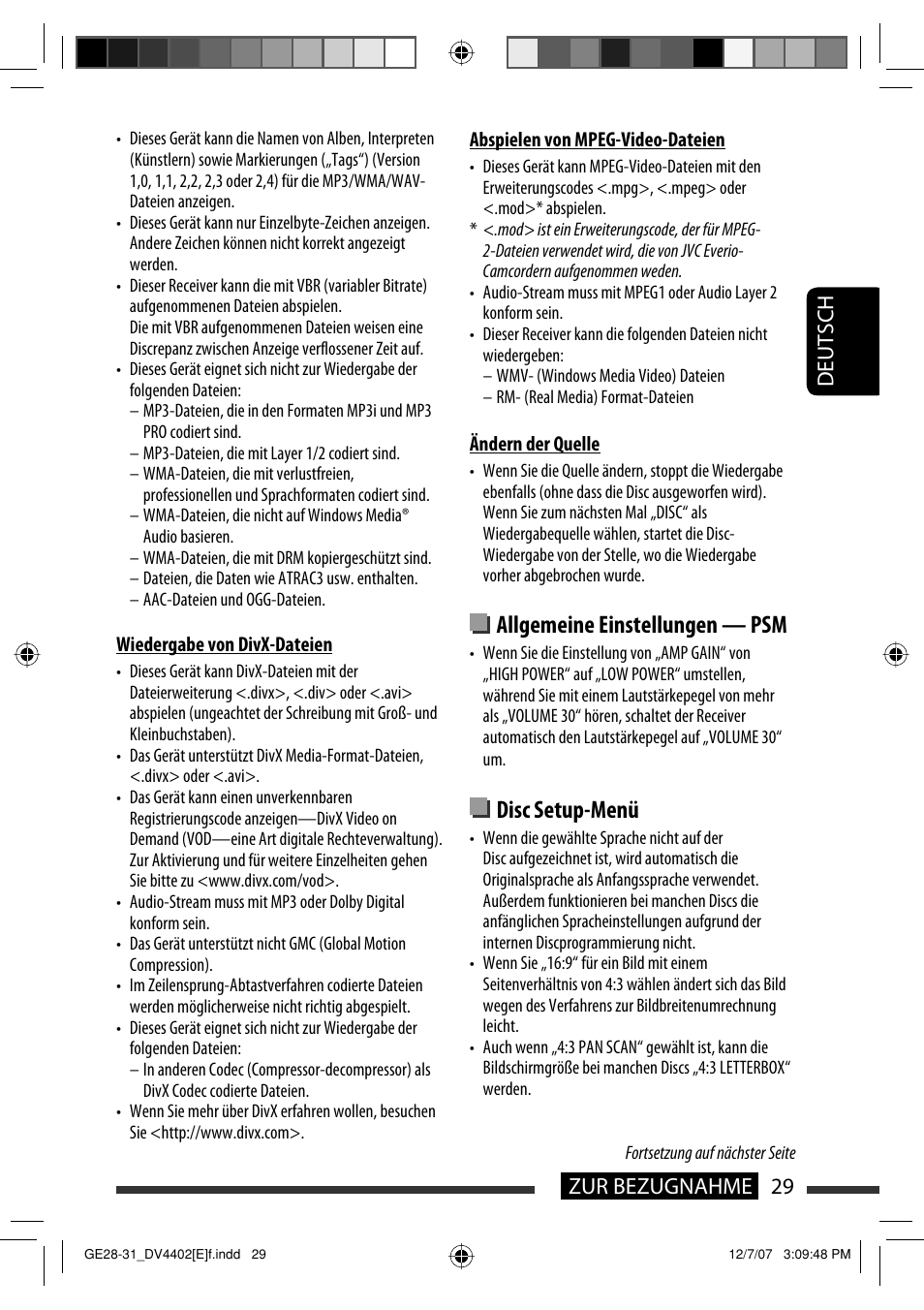 Allgemeine einstellungen — psm, Disc setup-menü, Deutsch 29 zur bezugnahme deutsch | JVC KD-DV4402 User Manual | Page 65 / 147