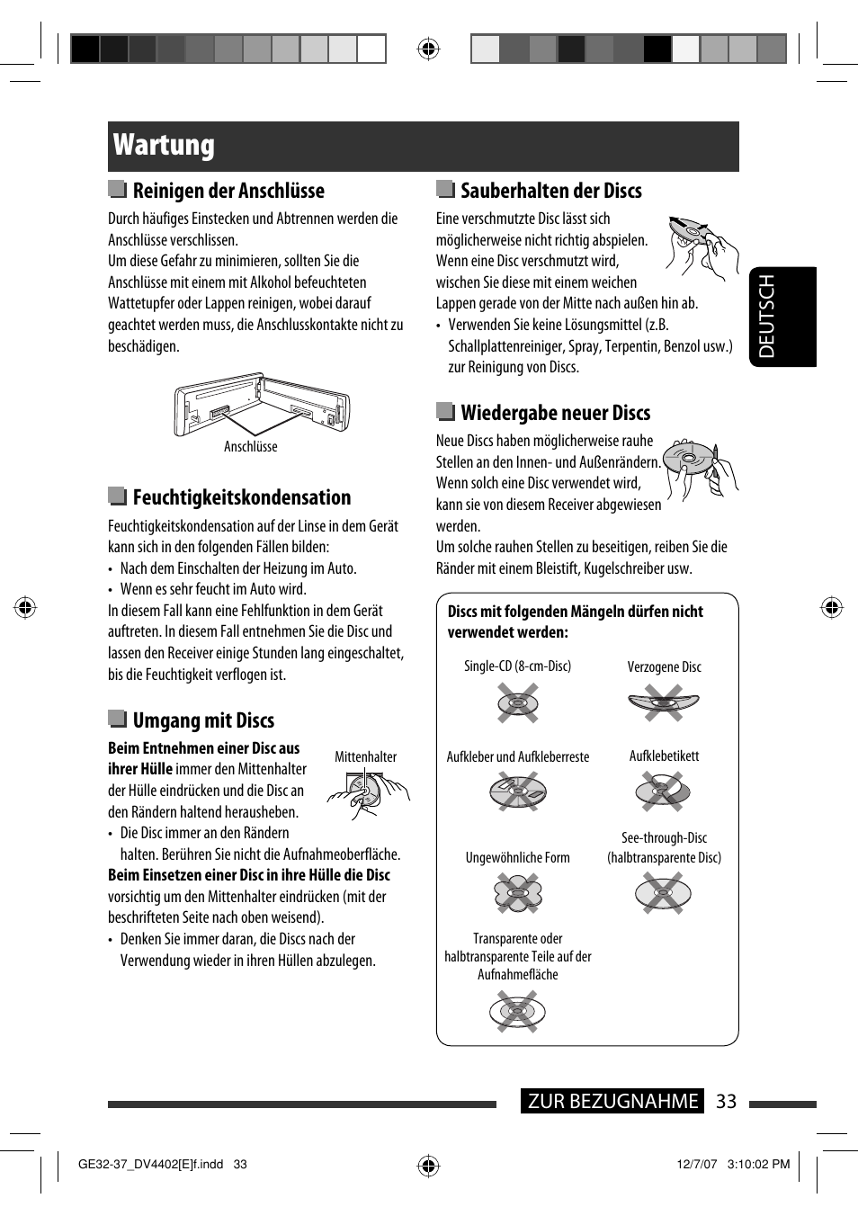 Wartung, Reinigen der anschlüsse, Feuchtigkeitskondensation | Umgang mit discs, Sauberhalten der discs, Wiedergabe neuer discs, 33 zur bezugnahme deutsch | JVC KD-DV4402 User Manual | Page 69 / 147