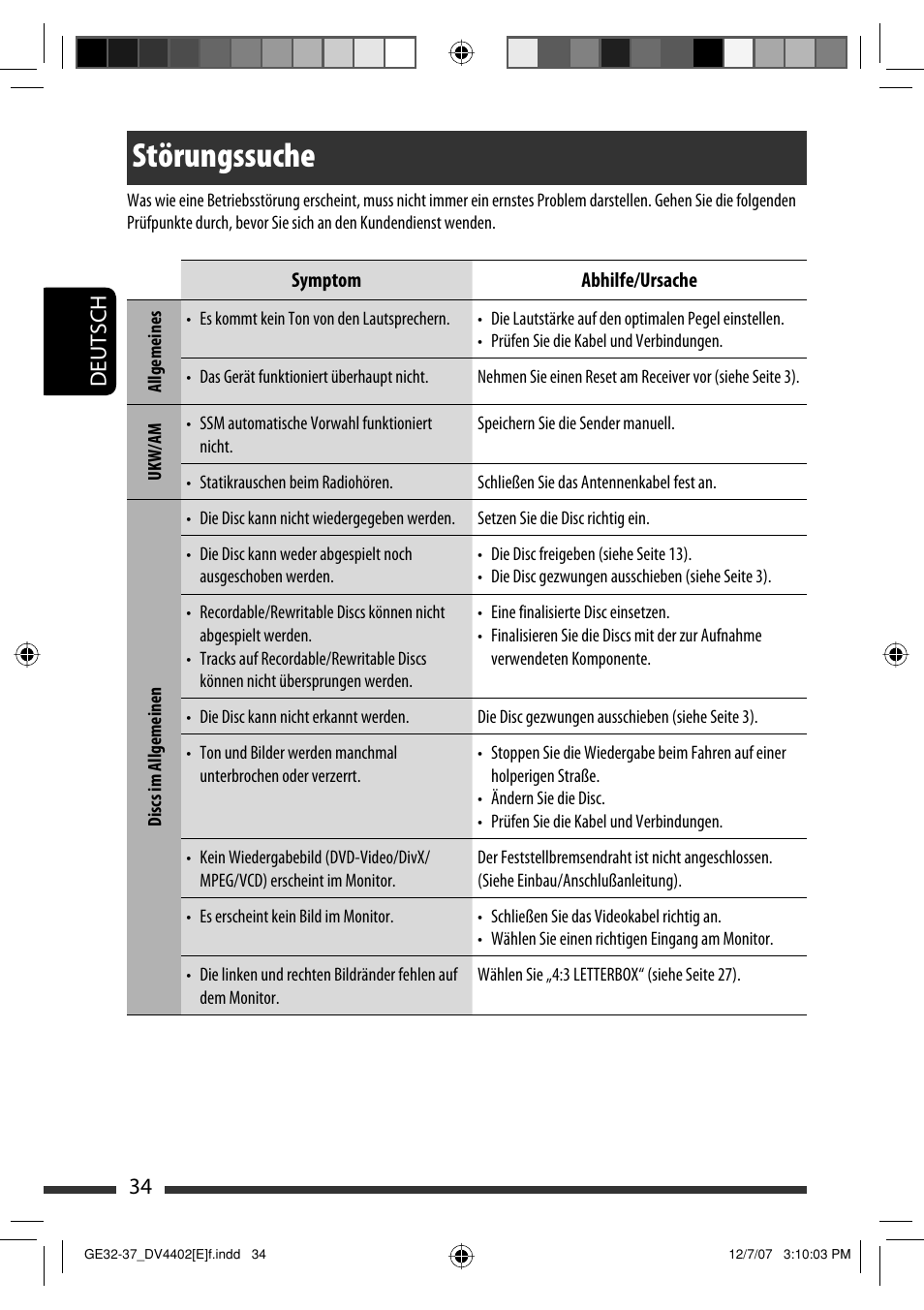 Störungssuche, 34 deutsch | JVC KD-DV4402 User Manual | Page 70 / 147