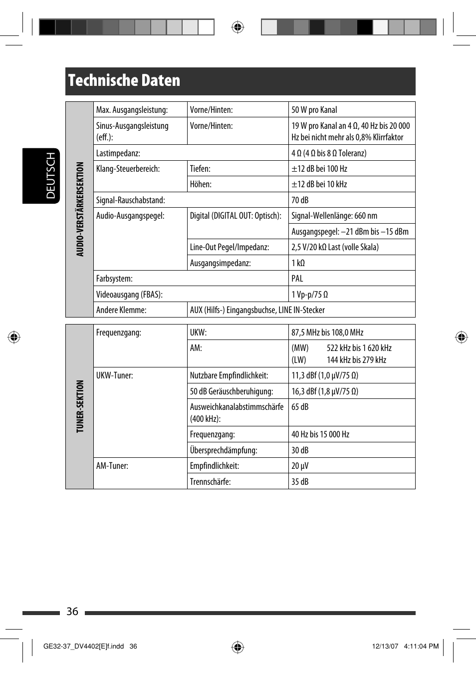Technische daten, 36 deutsch | JVC KD-DV4402 User Manual | Page 72 / 147