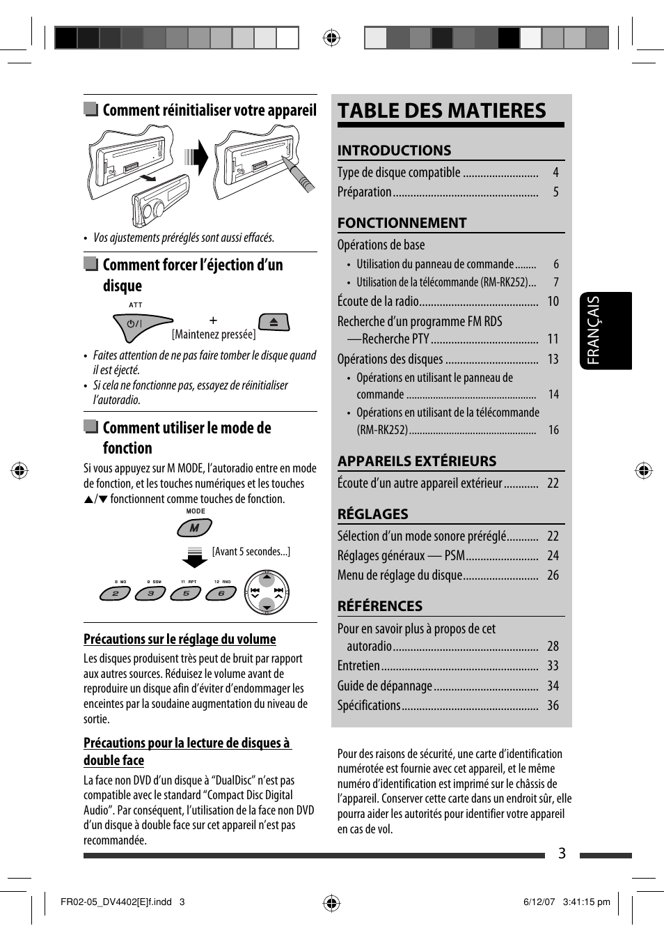Table des matieres, Comment réinitialiser votre appareil, Comment forcer l’éjection d’un disque | Comment utiliser le mode de fonction | JVC KD-DV4402 User Manual | Page 75 / 147