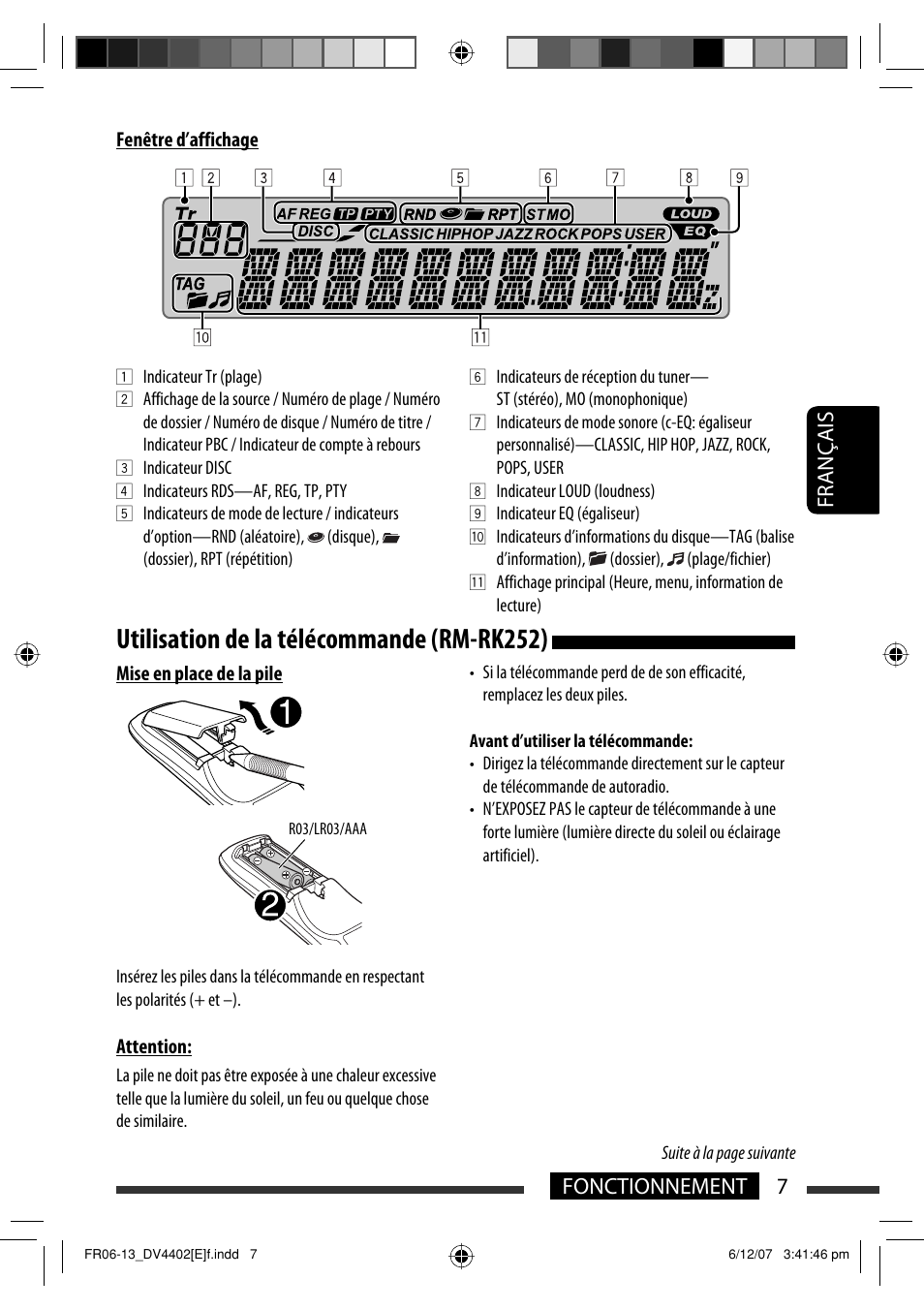 Utilisation de la télécommande (rm-rk252), 7fonctionnement français | JVC KD-DV4402 User Manual | Page 79 / 147