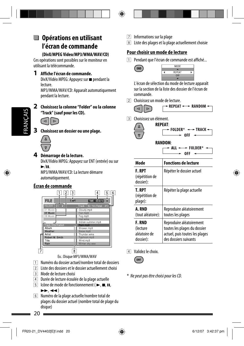 Opérations en utilisant l’écran de commande, 20 français | JVC KD-DV4402 User Manual | Page 92 / 147