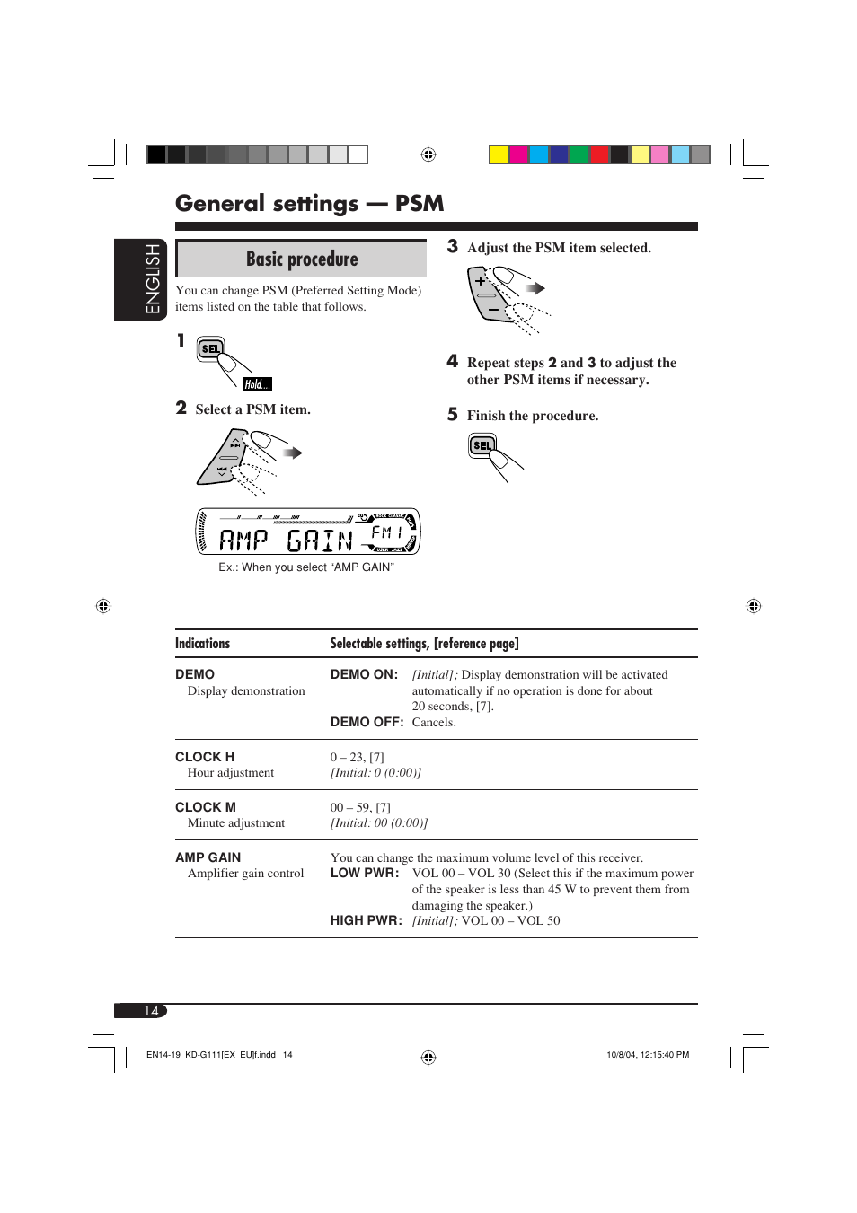 General settings — psm, Basic procedure, English | JVC KD-G111 User Manual | Page 14 / 56