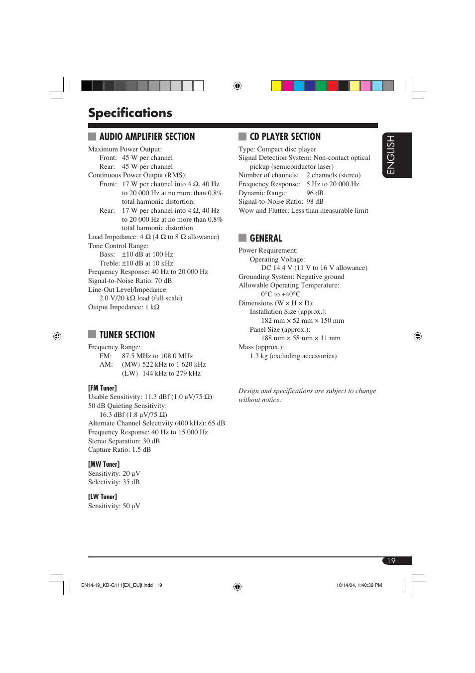 Specifications, English, General | JVC KD-G111 User Manual | Page 19 / 56