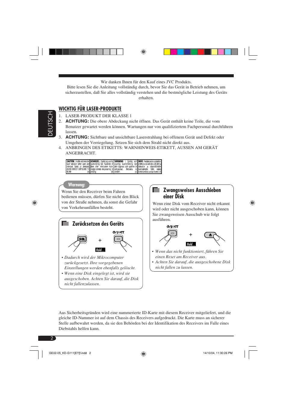 Deutsch, Zurücksetzen des geräts, Zwangsweises ausschieben einer disk | JVC KD-G111 User Manual | Page 20 / 56