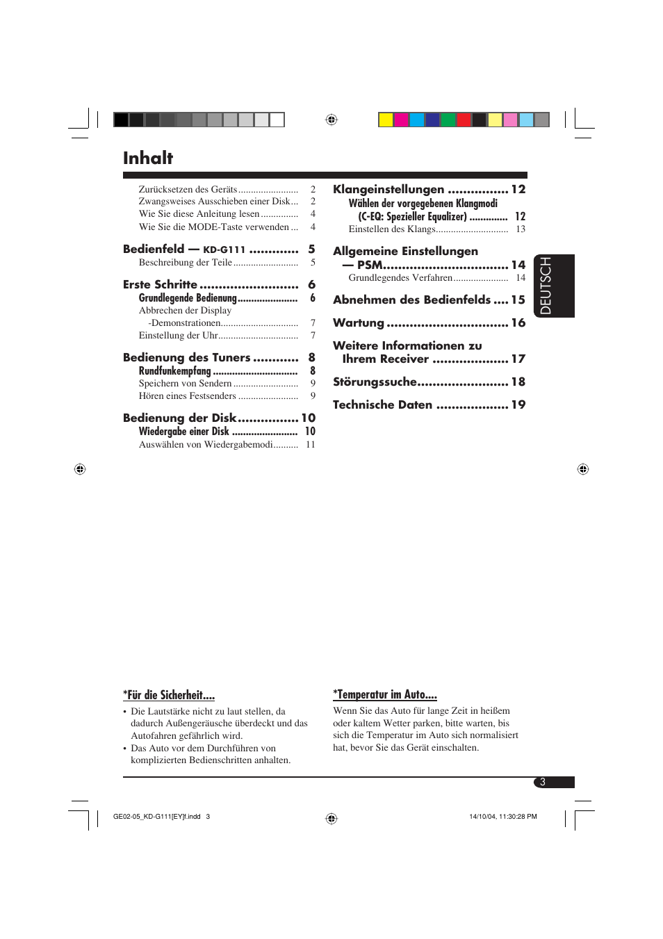 Inhalt, Deutsch | JVC KD-G111 User Manual | Page 21 / 56