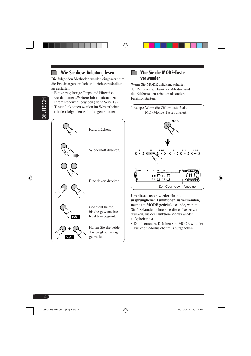 Deutsch wie sie diese anleitung lesen, Wie sie die mode-taste verwenden | JVC KD-G111 User Manual | Page 22 / 56