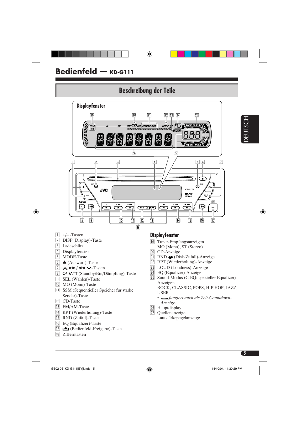 Bedienfeld, Beschreibung der teile, Deutsch | JVC KD-G111 User Manual | Page 23 / 56