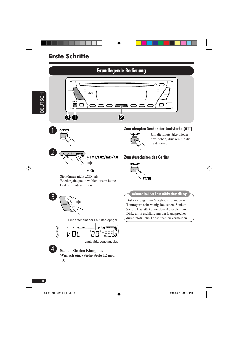 Erste schritte, Grundlegende bedienung | JVC KD-G111 User Manual | Page 24 / 56