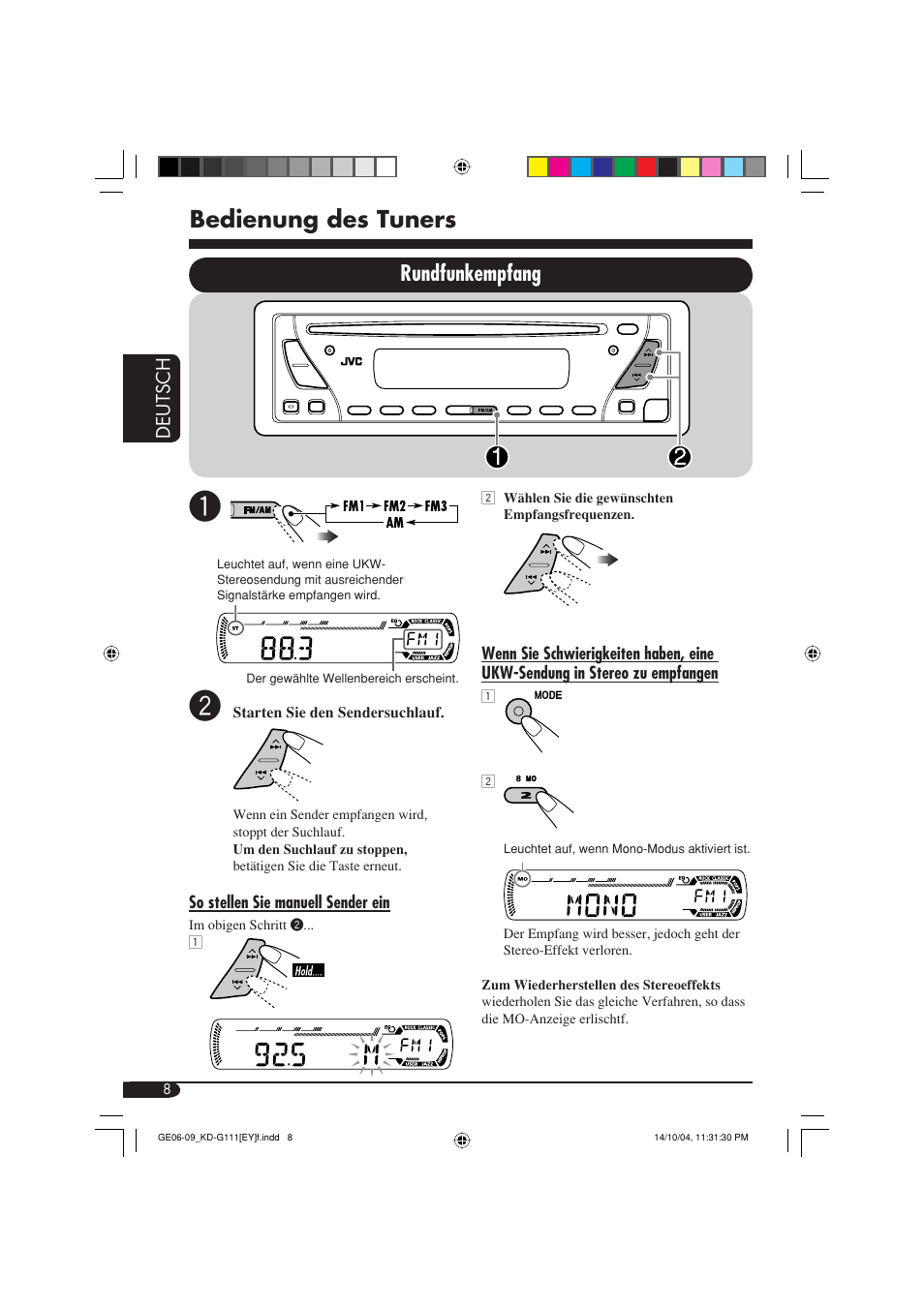 Bedienung des tuners, Rundfunkempfang | JVC KD-G111 User Manual | Page 26 / 56