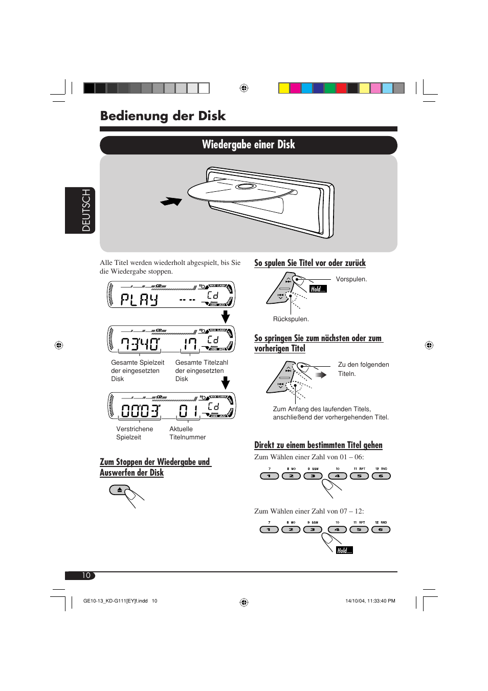 Bedienung der disk, Wiedergabe einer disk, Deutsch | JVC KD-G111 User Manual | Page 28 / 56