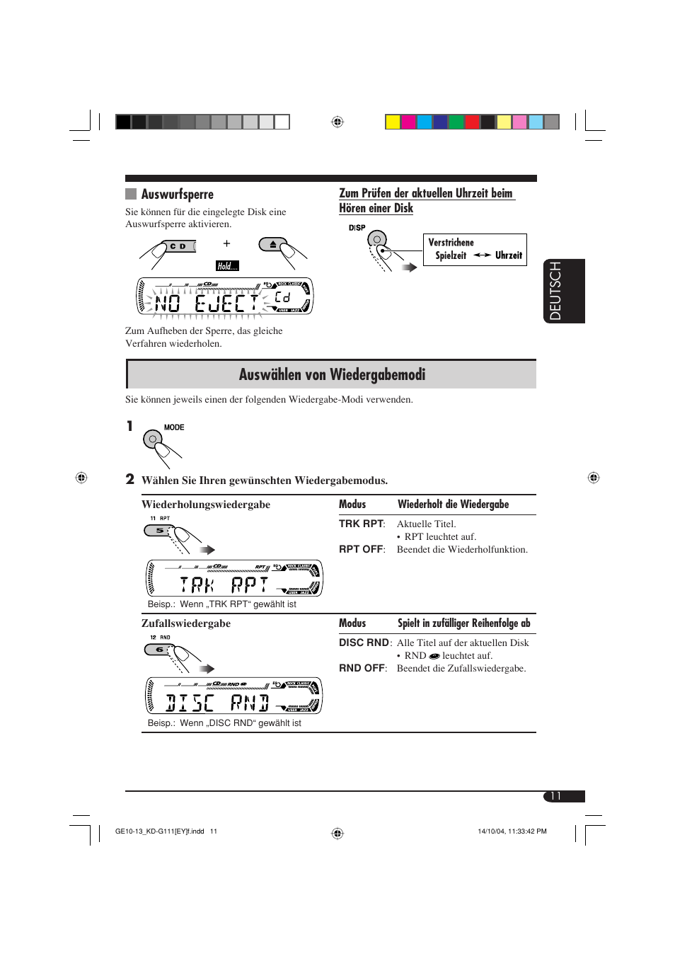 Auswählen von wiedergabemodi, Deutsch, Auswurfsperre | JVC KD-G111 User Manual | Page 29 / 56