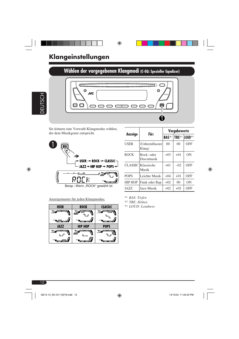 Klangeinstellungen, Wählen der vorgegebenen klangmodi, Deutsch | JVC KD-G111 User Manual | Page 30 / 56