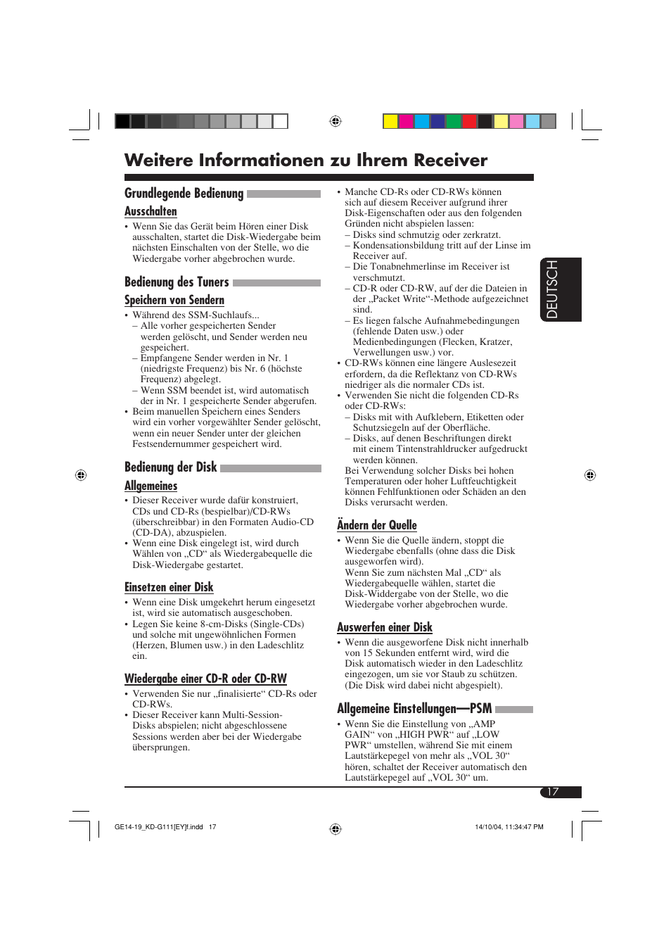 Weitere informationen zu ihrem receiver, Deutsch, Grundlegende bedienung | Bedienung des tuners, Bedienung der disk, Allgemeine einstellungen—psm | JVC KD-G111 User Manual | Page 35 / 56