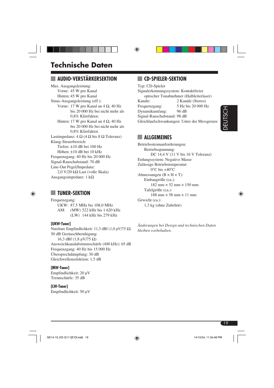 Technische daten, Deutsch, Audio-verstärkersektion | Tuner-sektion, Cd-spieler-sektion, Allgemeines | JVC KD-G111 User Manual | Page 37 / 56