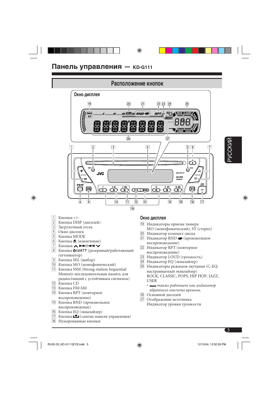 Панель управления, Расположение кнопок, Руcckий | JVC KD-G111 User Manual | Page 41 / 56