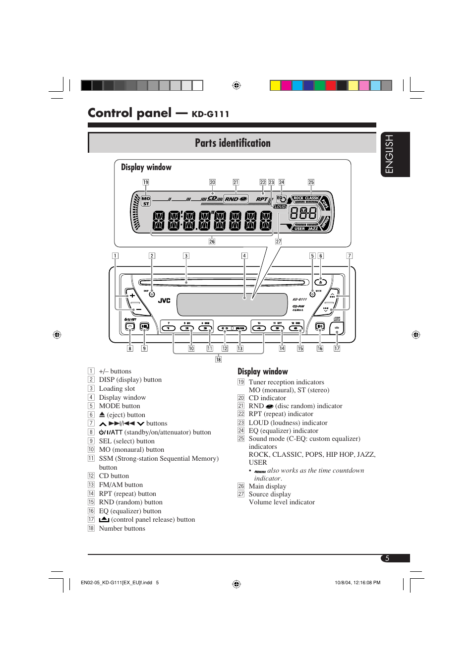 Control panel, Parts identification, English | JVC KD-G111 User Manual | Page 5 / 56
