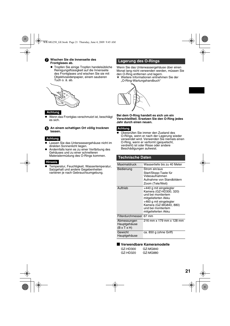 Lagerung des o-rings, Technische daten | JVC WR-MG250 User Manual | Page 21 / 104