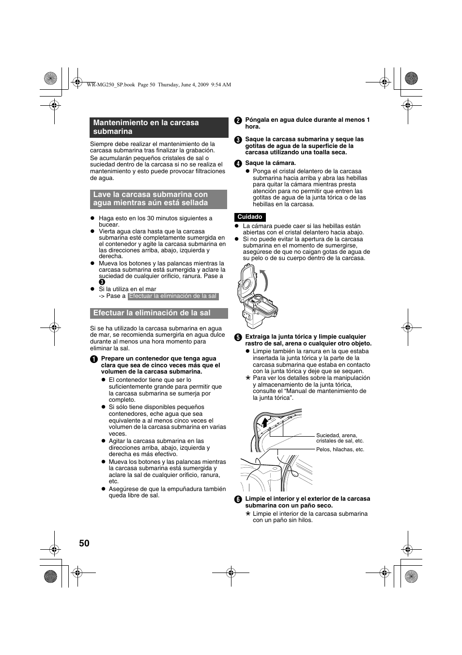 Mantenimiento en la carcasa submarina, Efectuar la eliminación de la sal | JVC WR-MG250 User Manual | Page 50 / 104