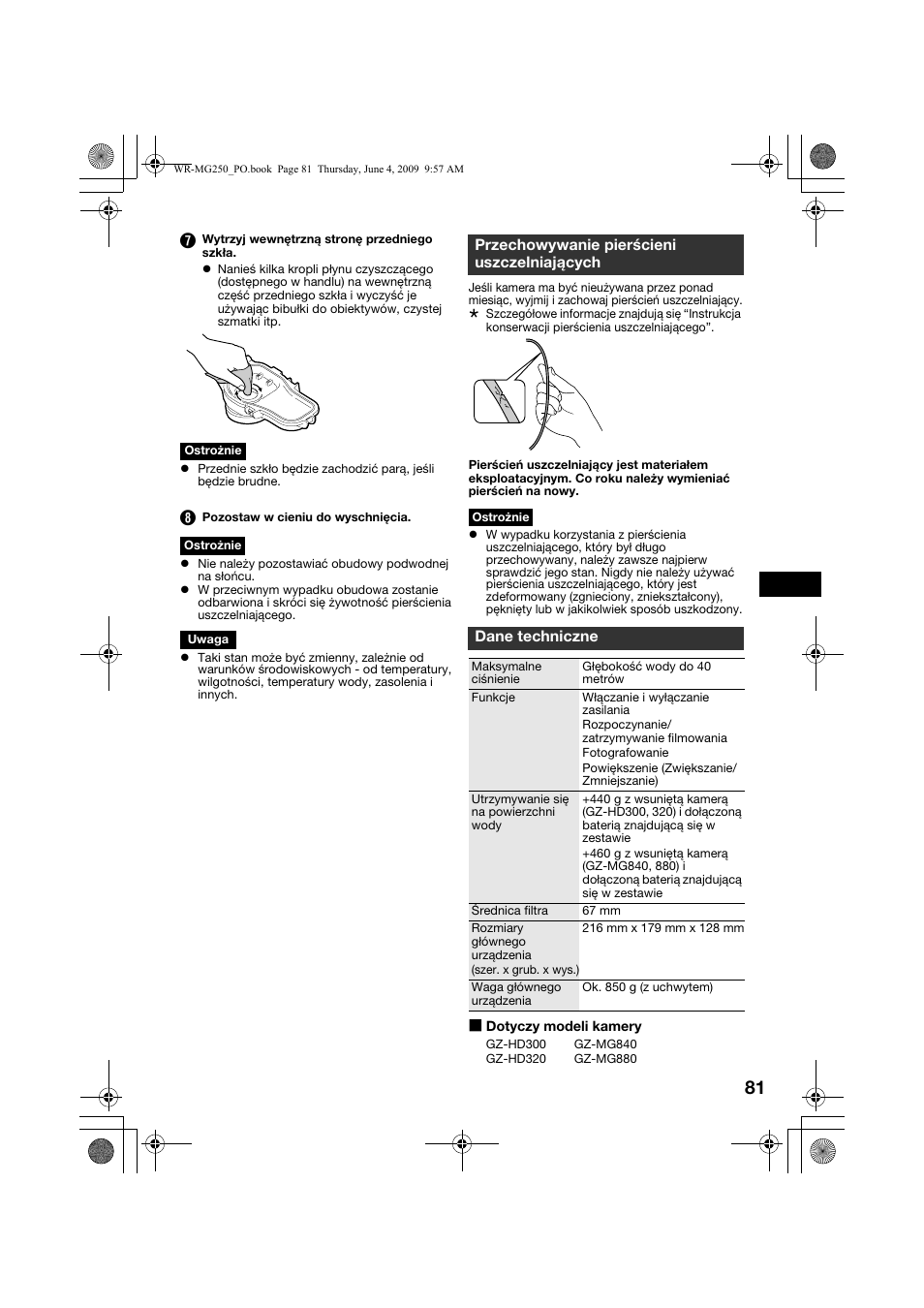 Przechowywanie pierścieni uszczelniających, Dane techniczne | JVC WR-MG250 User Manual | Page 81 / 104
