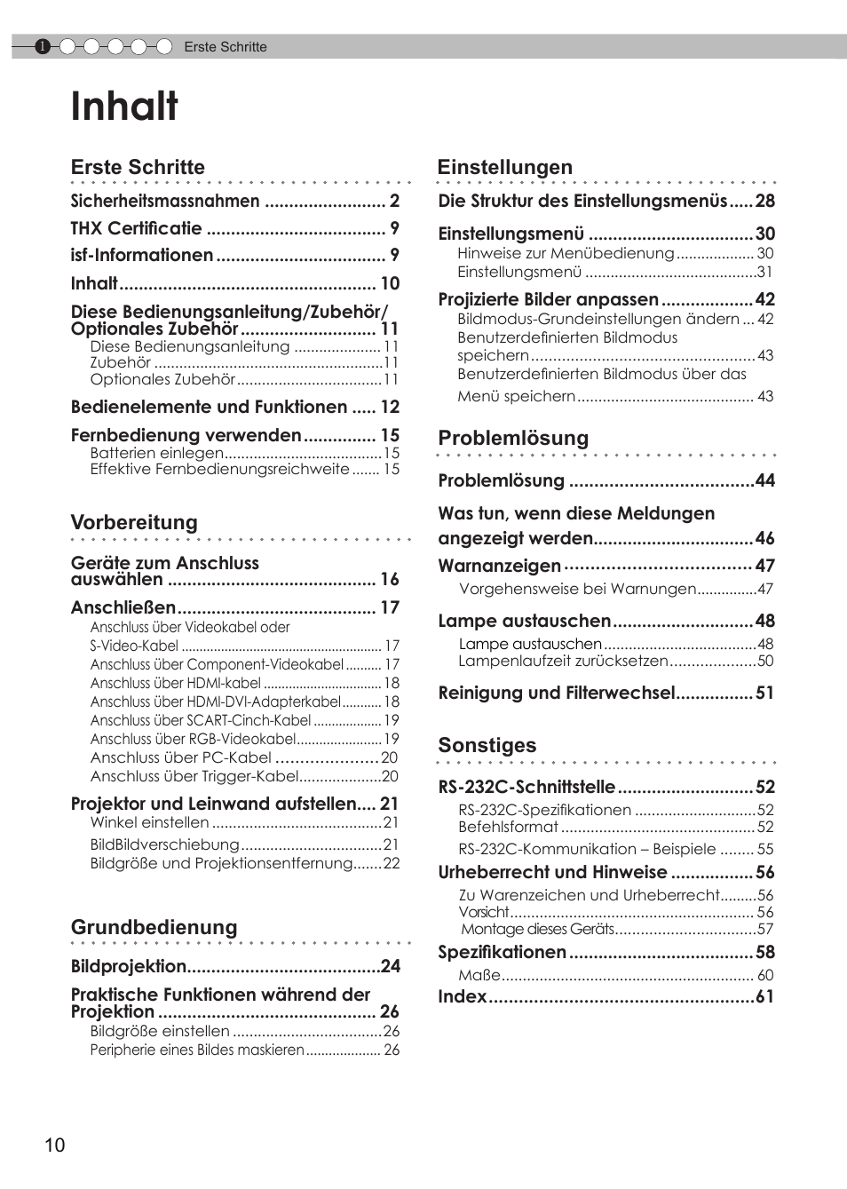 Inhalt, Erste schritte, Vorbereitung | Grundbedienung, Problemlösung, Sonstiges, Einstellungen | JVC DLA-HD990 User Manual | Page 10 / 185