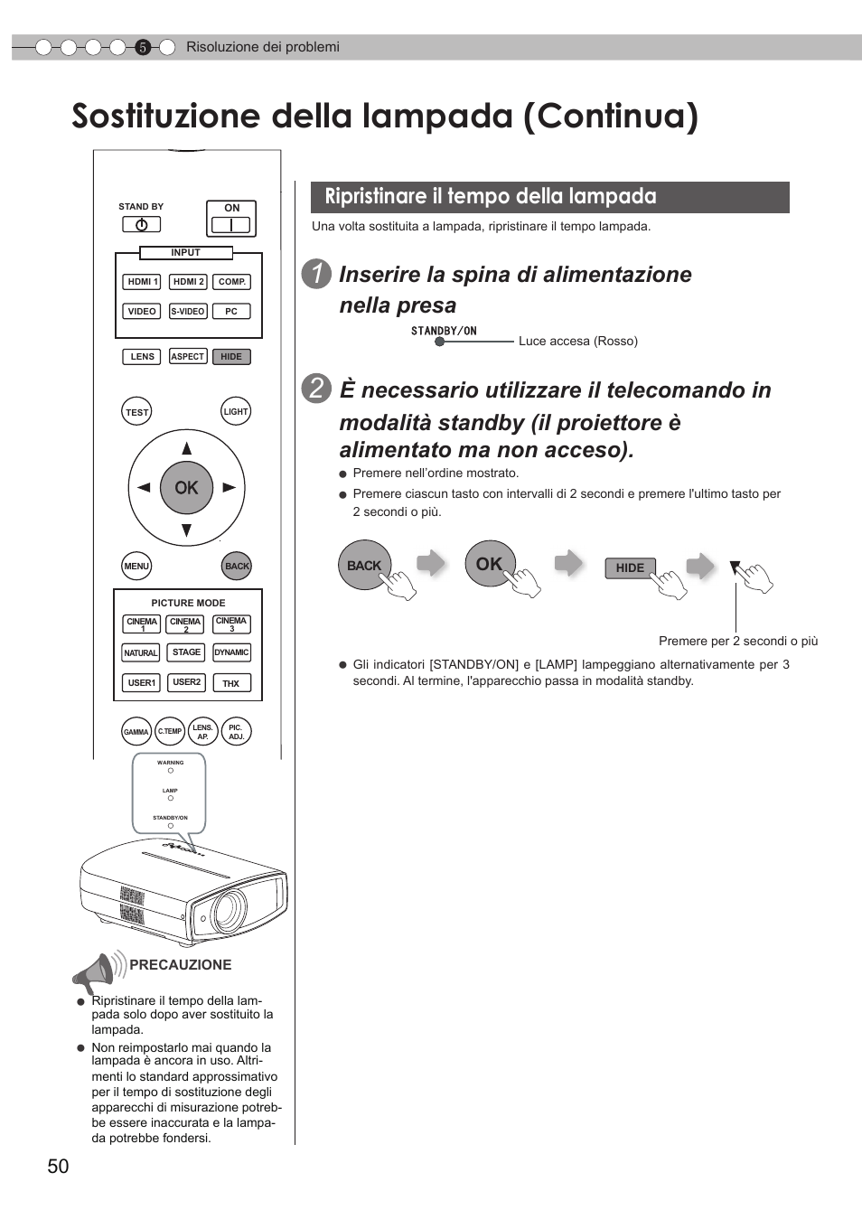 Ripristinare il tempo della lampada, Sostituzione della lampada (continua), Inserire la spina di alimentazione nella presa | JVC DLA-HD990 User Manual | Page 112 / 185