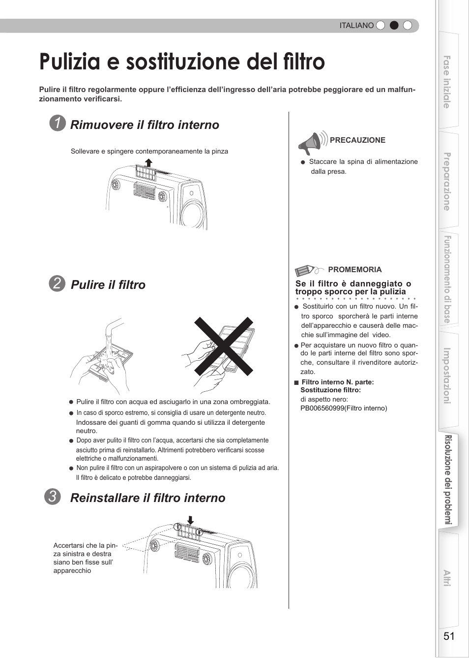 Pulizia e sostituzione del filtro, P51), Rimuovere il filtro interno | Reinstallare il filtro interno, Pulire il filtro | JVC DLA-HD990 User Manual | Page 113 / 185