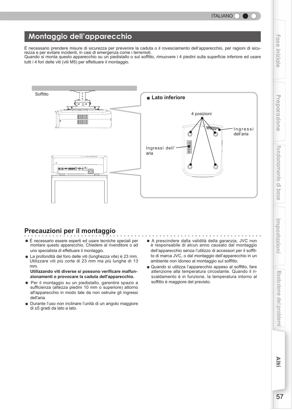 Montaggio dell’apparecchio, Montaggio dell'apparecchio, Precauzioni per il montaggio | JVC DLA-HD990 User Manual | Page 119 / 185