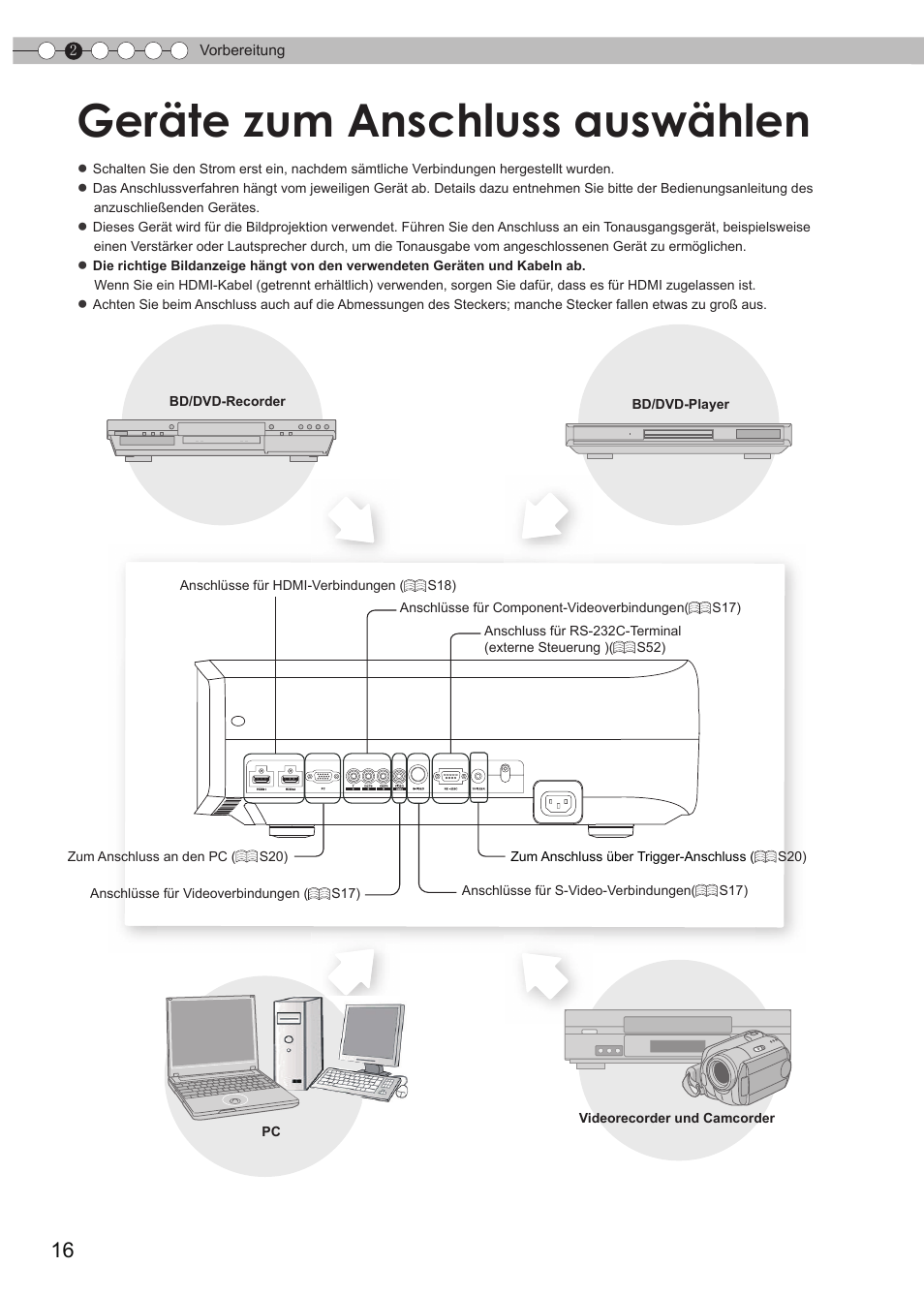 Vorbereitung, Geräte zum anschluss auswählen, Geräte zum anschluss | Auswählen | JVC DLA-HD990 User Manual | Page 16 / 185