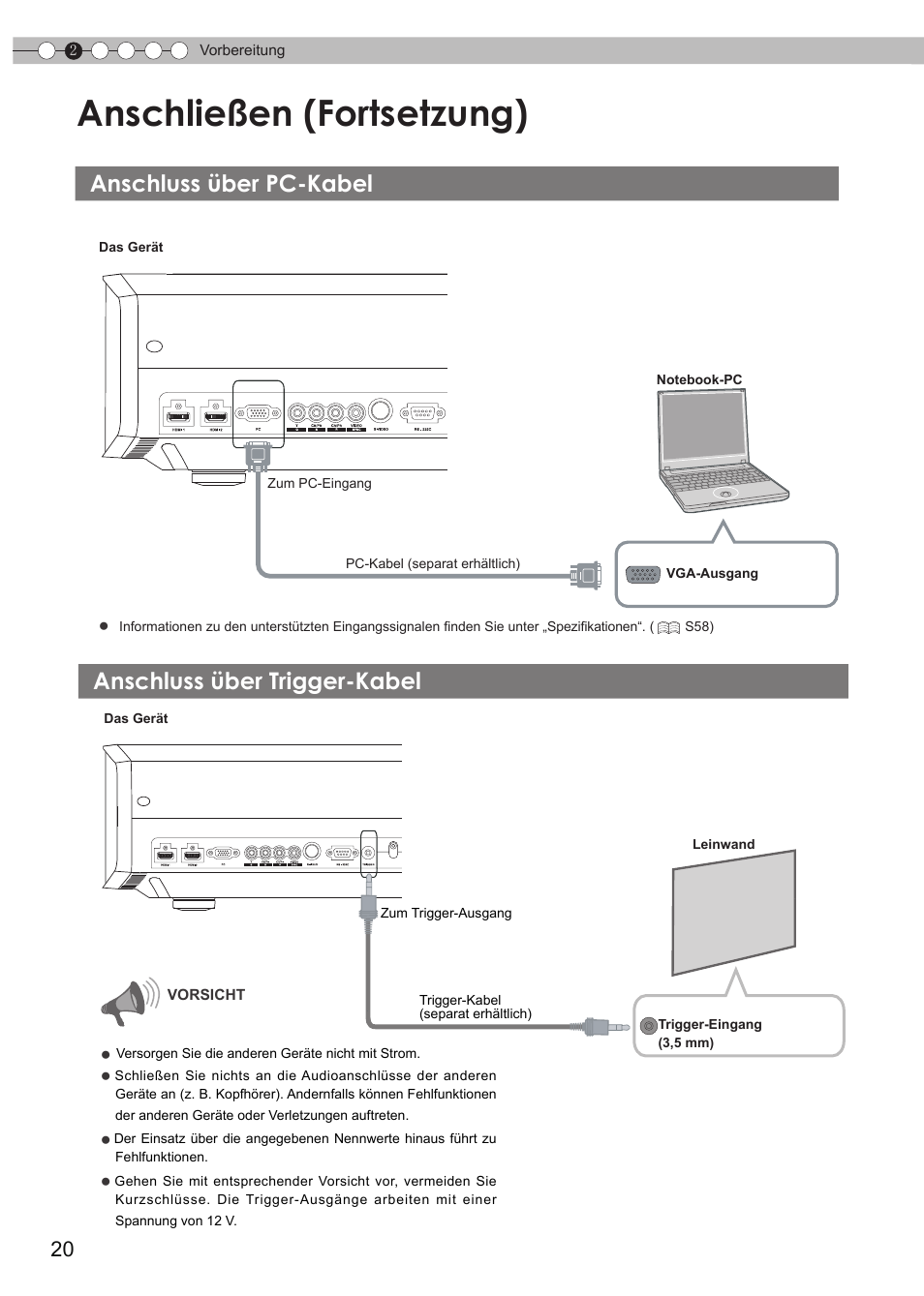 Anschluss über pc-kabel, Anschluss über trigger-kabel, Rigger-anschluss | S20), Anschluss an den pc, Anschließen (fortsetzung) | JVC DLA-HD990 User Manual | Page 20 / 185