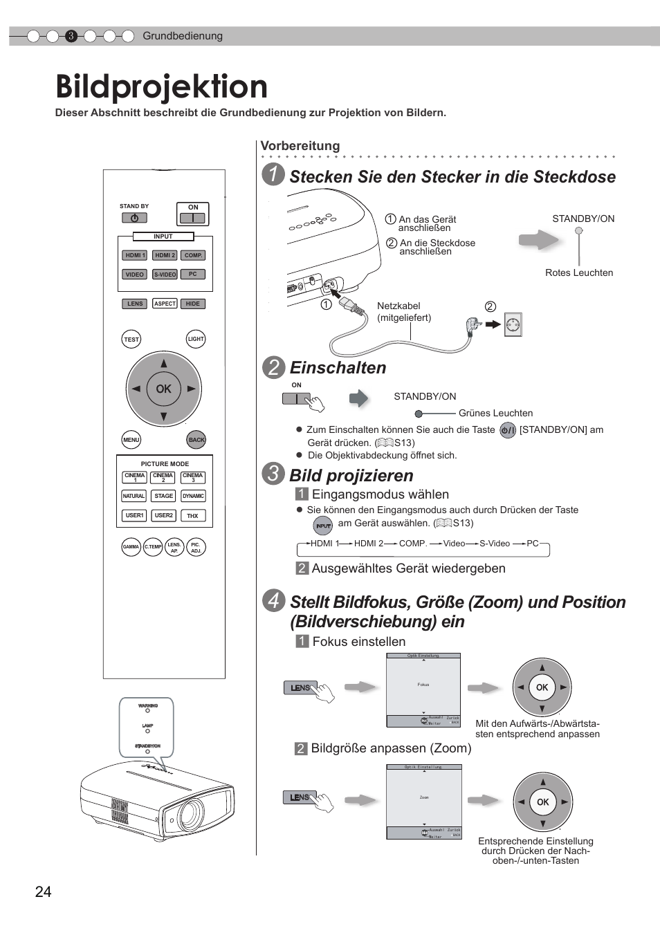 Grundbedienung, Bildprojektion, Netzkabelanschluss | S24), Eingang umschalten, Objektivsteuerung, Eingangsmodus auswählen, Stecken sie den stecker in die steckdose, Einschalten, Bild projizieren | JVC DLA-HD990 User Manual | Page 24 / 185