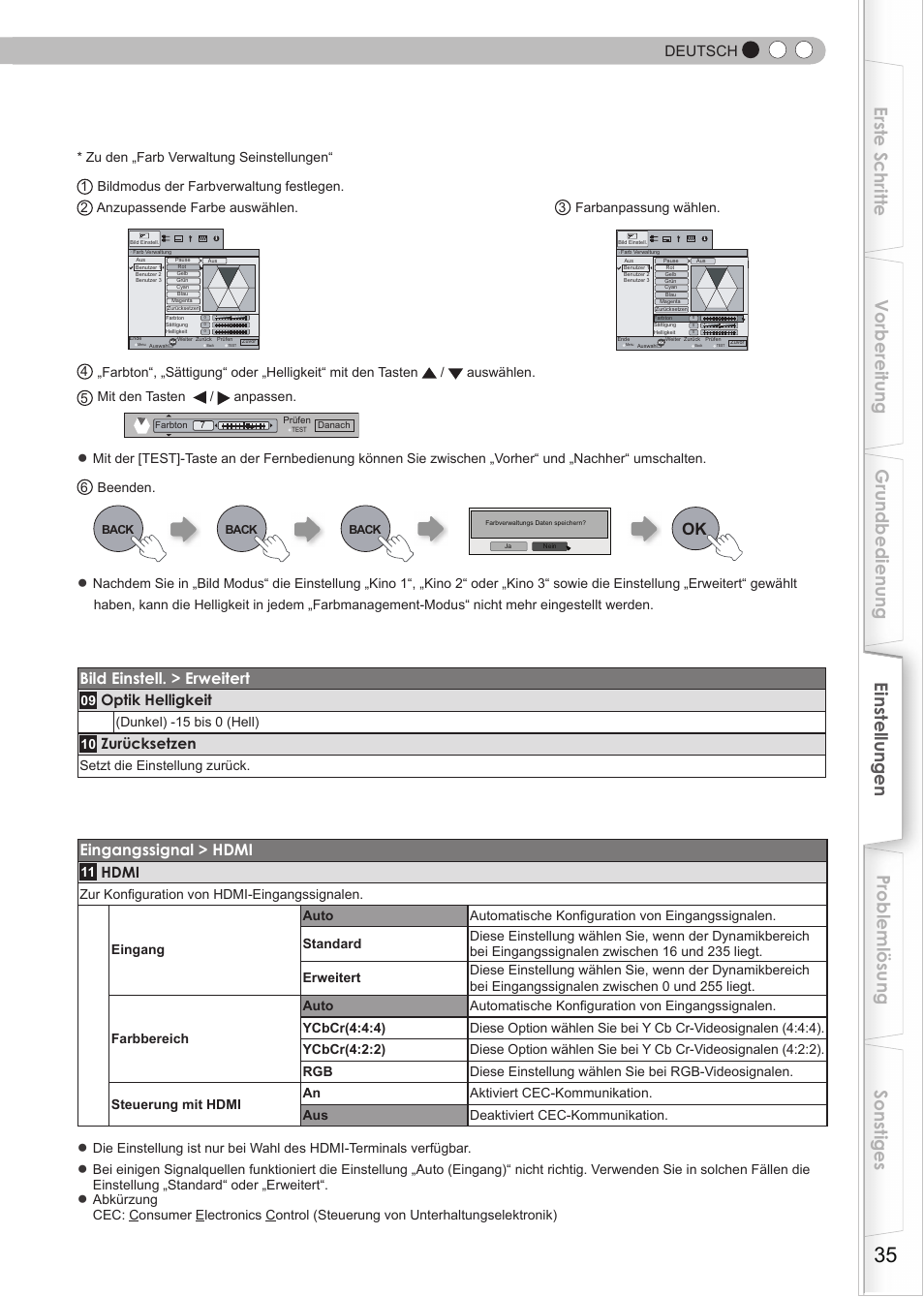 Bild einstell. > erweitert, Eingangssignal > hdmi, Deutsch | Optik helligkeit, Zurücksetzen, Hdmi | JVC DLA-HD990 User Manual | Page 35 / 185
