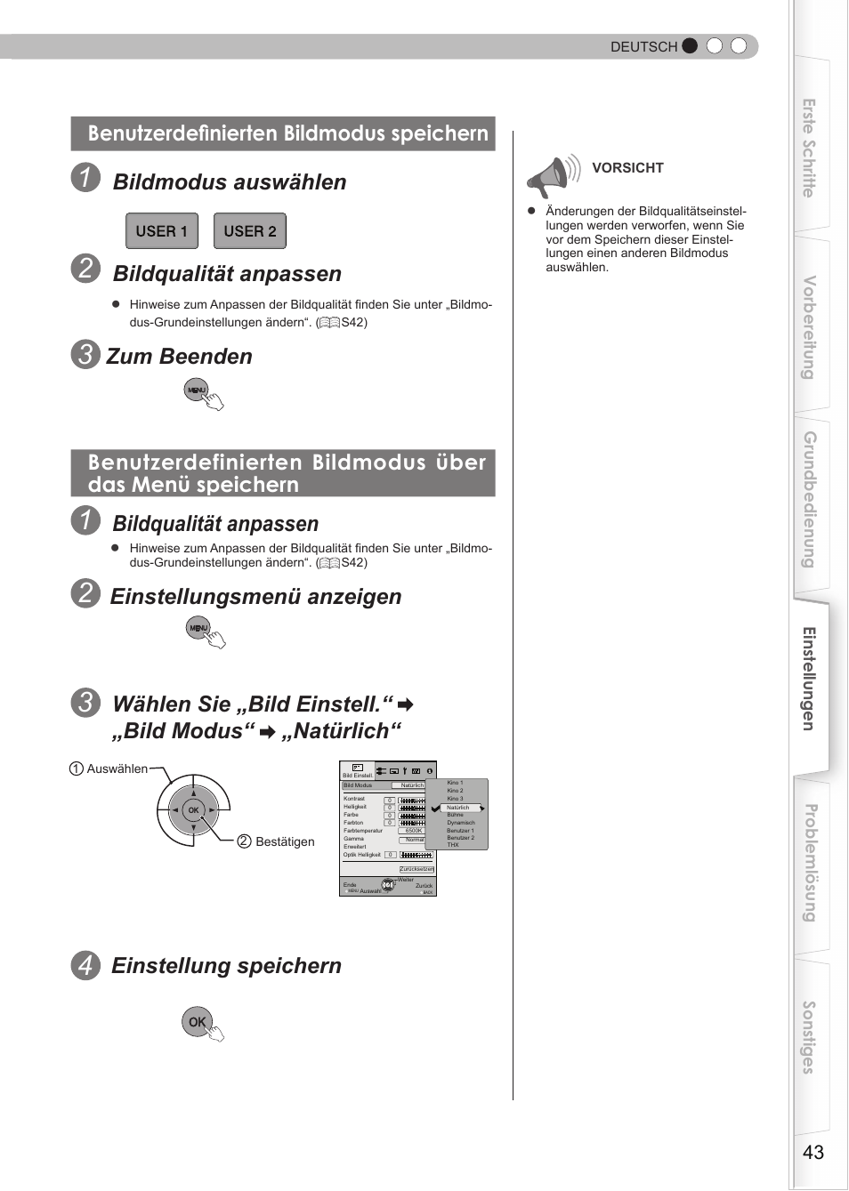 Benutzerdefinierten bildmodus speichern, Benutzerdefinierten bildmodus, Speichern | Bildmodus auswählen, Bildqualität anpassen, Einstellungsmenü anzeigen, Einstellung speichern | JVC DLA-HD990 User Manual | Page 43 / 185