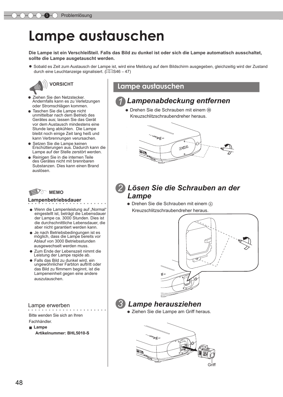 Lampe austauschen, Lampenabdeckung, S48) | S48 – 50, S48 – 50), Lampenabdeckung entfernen, Lösen sie die schrauben an der lampe, Lampe herausziehen | JVC DLA-HD990 User Manual | Page 48 / 185