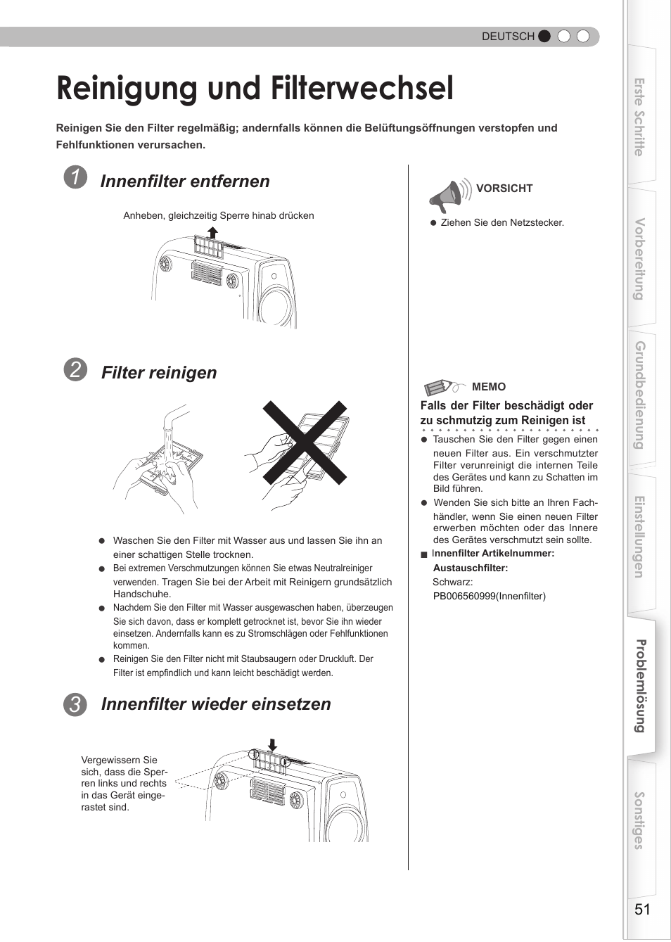 Reinigung und filterwechsel, Filter, S51) | Innenfilter entfernen, Filter reinigen, Innenfilter wieder einsetzen | JVC DLA-HD990 User Manual | Page 51 / 185